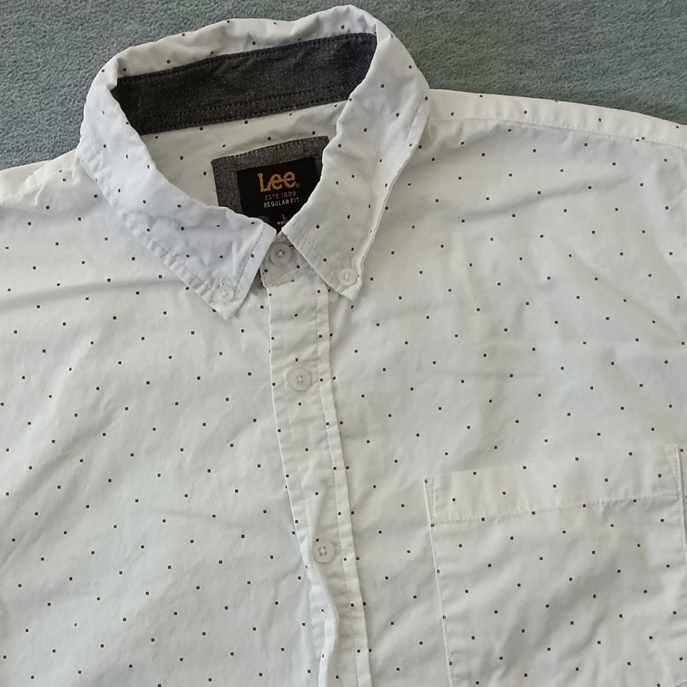 Lee Mens Regular Fit Short Sleeve Button Down White Micro Dot Cotton Shirt Large